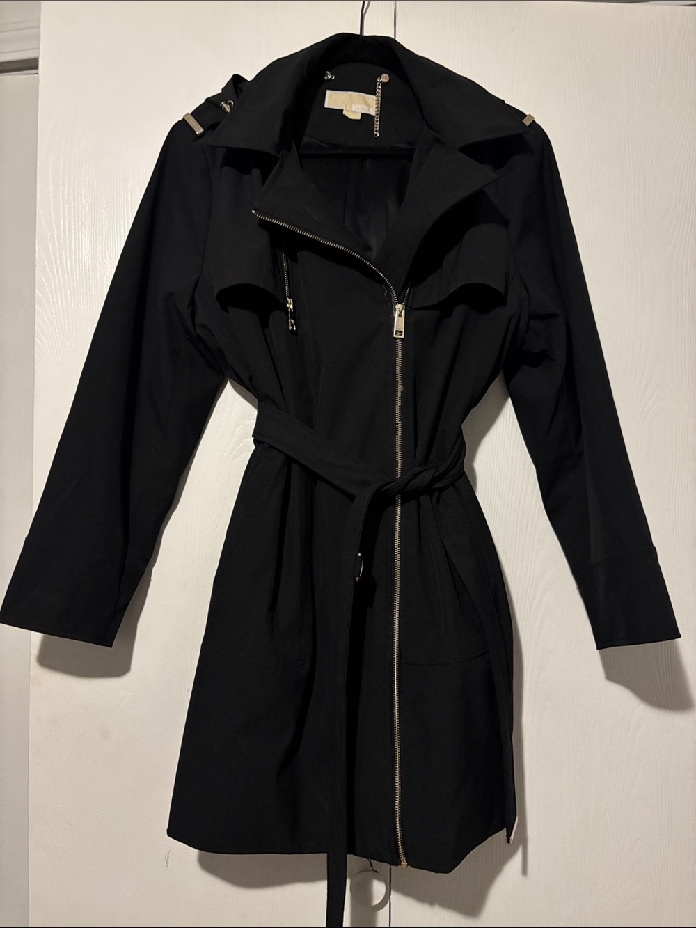 Michael Kors Black Long-Sleeve Trench Dress with Zip and Belt